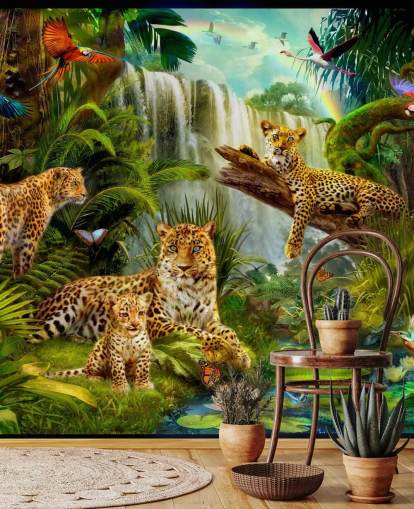 leopardos descansando en un fondo de pantalla de ilustración de selva tropical