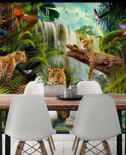 leopards lounging in a tropical jungle illustration wallpaper