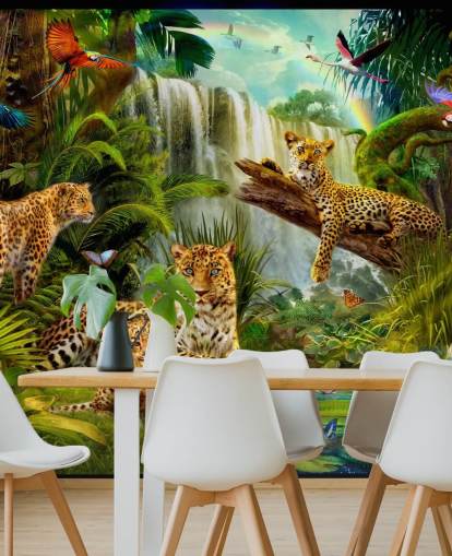 leopards lounging in a tropical jungle illustration wallpaper