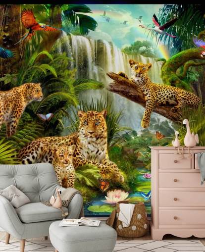 leopardos descansando en un fondo de pantalla de ilustración de selva tropical