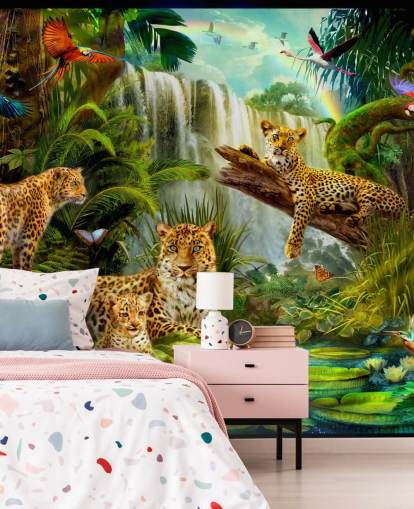 leopardos descansando em um papel de parede de ilustração de selva tropical