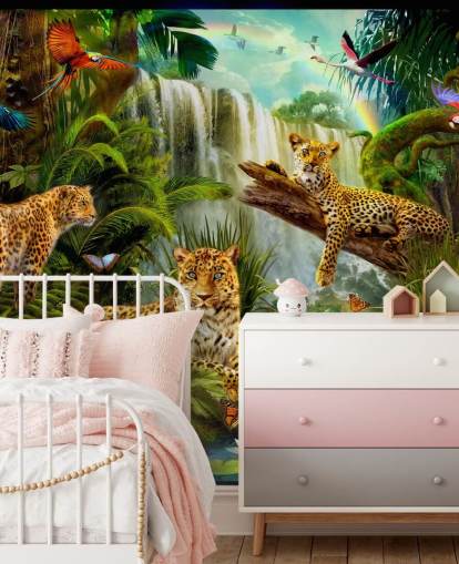leopardos descansando em um papel de parede de ilustração de selva tropical
