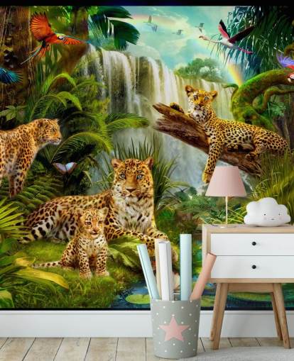 luipaarden loungen in een tropische jungle illustratie behang luipaarden loungen in een tropische jungle illustratie behang
