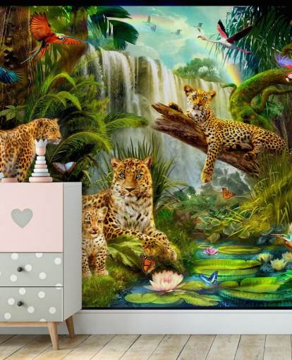 léopards se prélasser dans un fond d'écran d'illustration de jungle tropicale