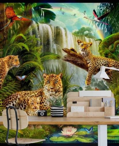 leopards lounging in a tropical jungle illustration wallpaper