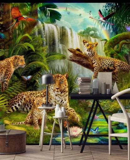 leopardos descansando en un fondo de pantalla de ilustración de selva tropical