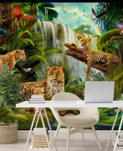 leopards lounging in a tropical jungle illustration wallpaper leopards lounging in a tropical jungle illustration wallpaper
