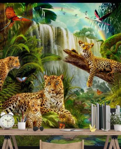 leopardos descansando en un fondo de pantalla de ilustración de selva tropical