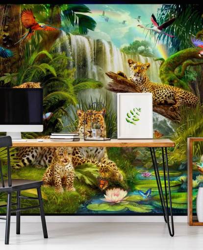 leopardos descansando em um papel de parede de ilustração de selva tropical