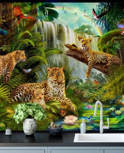 leopards lounging in a tropical jungle illustration wallpaper