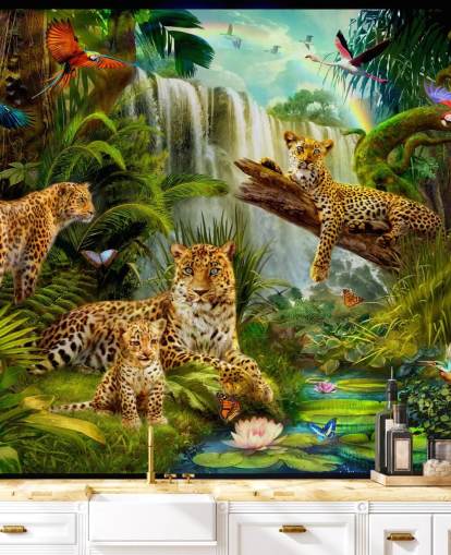 leopards lounging in a tropical jungle illustration wallpaper leopards lounging in a tropical jungle illustration wallpaper