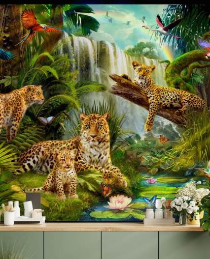 léopards se prélasser dans un fond d'écran d'illustration de jungle tropicale léopards se prélasser dans un fond d'écran d'illustration de jungle tropicale