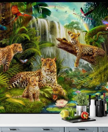leopards lounging in a tropical jungle illustration wallpaper