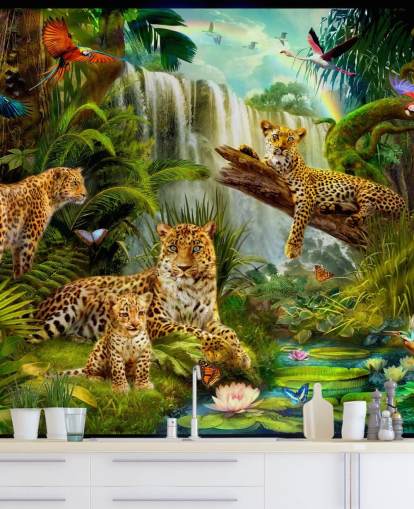 leoparder lounging i en tropisk jungle illustration tapet