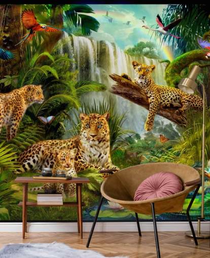 leopardi che si rilassano in una giungla tropicale illustrazione carta da parati