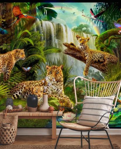 leopardos descansando en un fondo de pantalla de ilustración de selva tropical