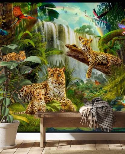 leopardi che si rilassano in una giungla tropicale illustrazione carta da parati