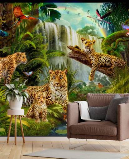 leopards lounging in a tropical jungle illustration wallpaper