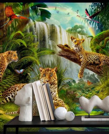 leopardos descansando em um papel de parede de ilustração de selva tropical