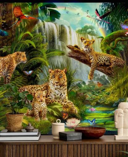 leopards lounging in a tropical jungle illustration wallpaper