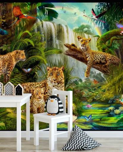 leopards lounging in a tropical jungle illustration wallpaper