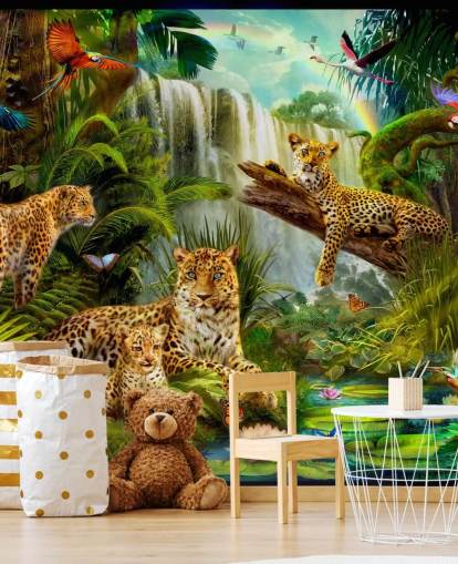 leopardos descansando en un fondo de pantalla de ilustración de selva tropical