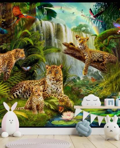 leopards lounging in a tropical jungle illustration wallpaper