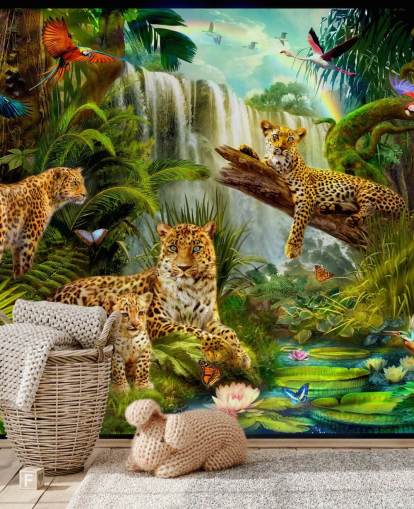 leoparder lounging i en tropisk jungle illustration tapet
