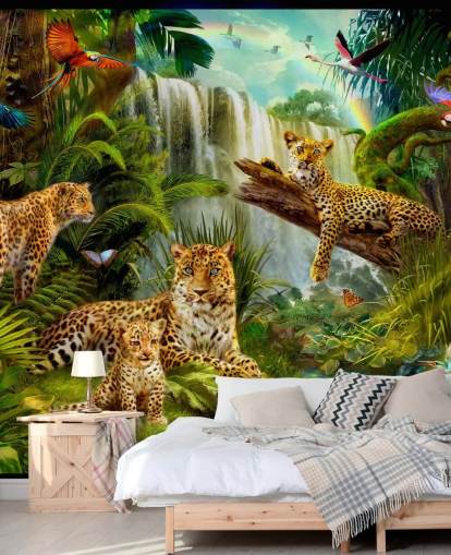 leopards lounging in a tropical jungle illustration wallpaper leopards lounging in a tropical jungle illustration wallpaper
