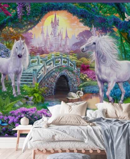 two glowing white unicorns in enchanting colourful garden wallpaper