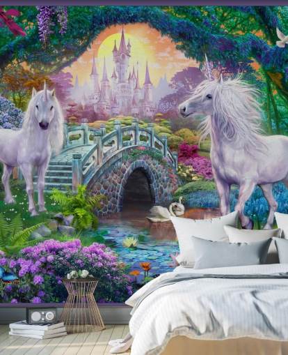 two glowing white unicorns in enchanting colourful garden wallpaper