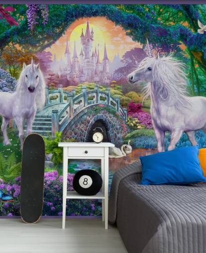 two glowing white unicorns in enchanting colourful garden wallpaper
