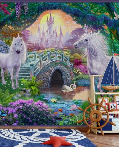 due unicorni bianchi incandescenti in un'incantevole carta da parati da giardino colorata