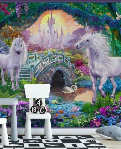 two glowing white unicorns in enchanting colourful garden wallpaper two glowing white unicorns in enchanting colourful garden wallpaper