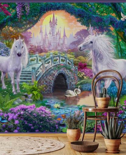 two glowing white unicorns in enchanting colourful garden wallpaper