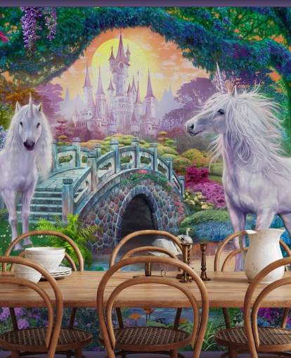 Deux licornes blanches brillantes dans un magnifique papier peint de jardin coloré