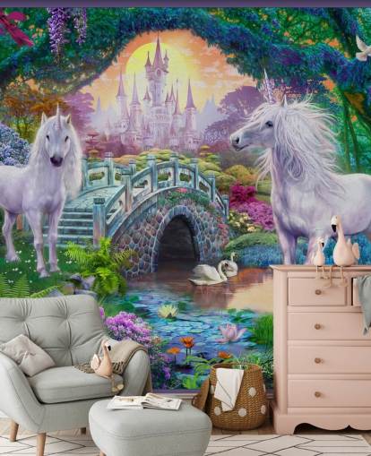 due unicorni bianchi incandescenti in un'incantevole carta da parati da giardino colorata