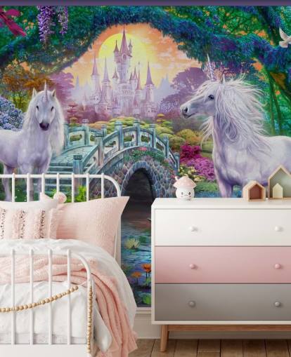 two glowing white unicorns in enchanting colourful garden wallpaper