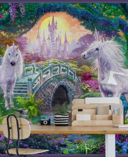 two glowing white unicorns in enchanting colourful garden wallpaper two glowing white unicorns in enchanting colourful garden wallpaper