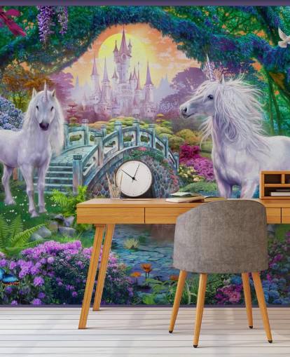 Dos unicornios blancos brillantes en un encantador y colorido papel tapiz de jardín Dos unicornios blancos brillantes en un encantador y colorido papel tapiz de jardín