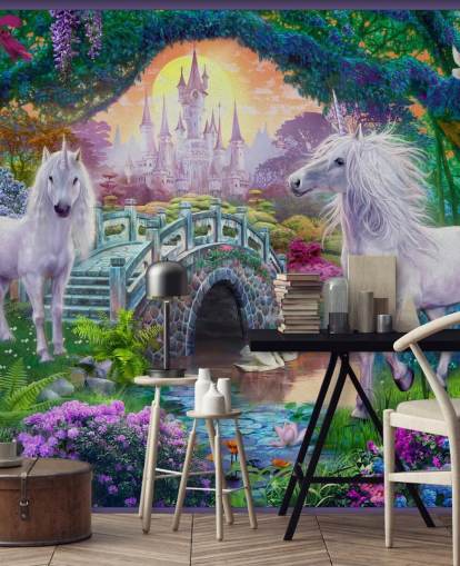 two glowing white unicorns in enchanting colourful garden wallpaper two glowing white unicorns in enchanting colourful garden wallpaper