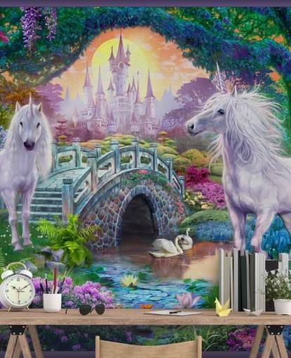 two glowing white unicorns in enchanting colourful garden wallpaper