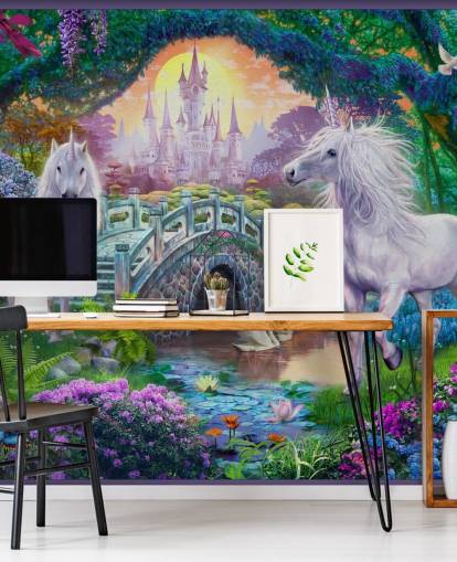 two glowing white unicorns in enchanting colourful garden wallpaper