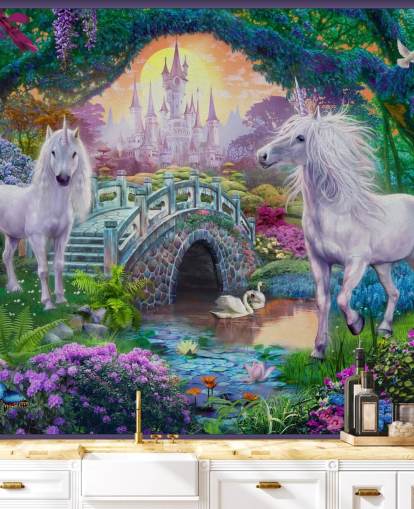 two glowing white unicorns in enchanting colourful garden wallpaper