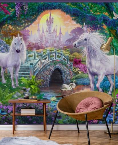 two glowing white unicorns in enchanting colourful garden wallpaper