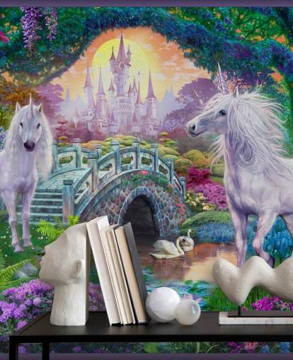 two glowing white unicorns in enchanting colourful garden wallpaper two glowing white unicorns in enchanting colourful garden wallpaper