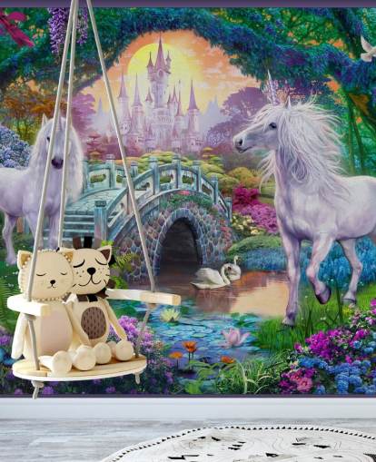 due unicorni bianchi incandescenti in un'incantevole carta da parati da giardino colorata