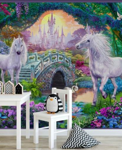 two glowing white unicorns in enchanting colourful garden wallpaper