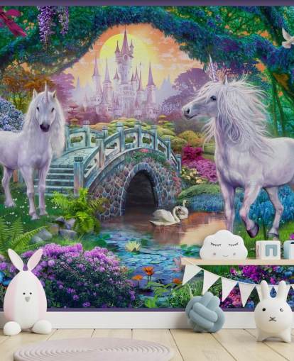 two glowing white unicorns in enchanting colourful garden wallpaper