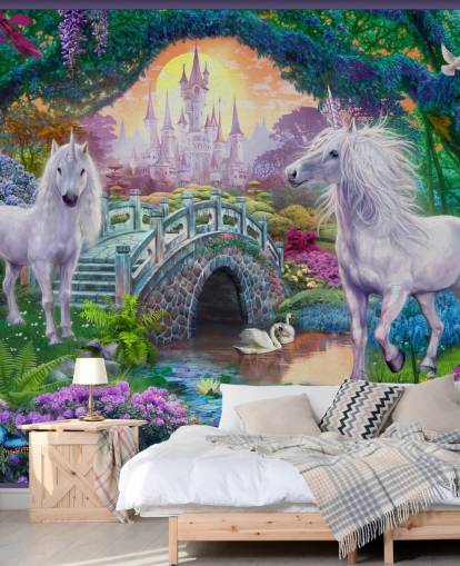 two glowing white unicorns in enchanting colourful garden wallpaper